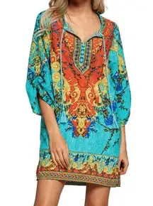 Urban Coco Bohemian Neck Tie Vintage Printed Ethnic Style Shift Dress