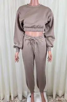 Zenana 2 Pcs Crop Sweatshirt Tracksuit Jogger Pants Set Outfit Active Loungewear Beige Size XS