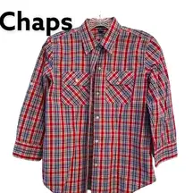 Chaps Red, White & blue 3/4 Sleeve Plaid Cotton Button Up Shirt sz s