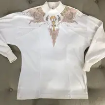 Vintage 80s 90s Mock Neck Appliqué Bling Top L