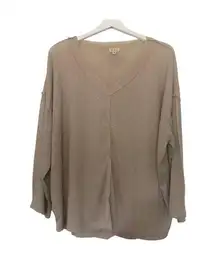 POL  Cream Tan Boxy Oversized V-Neck Ribbed Long Sleeve Shirt Size Medium