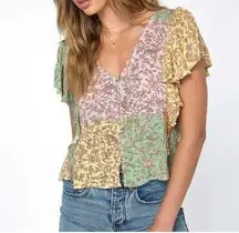 O'Neill Maggy Colorful Floral Ruffled Button Up Flutter Sleeve V-Neck Top Sz M