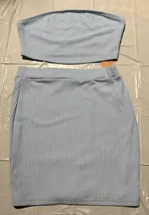 Shein Women’s Large 2 Piece Set Skirt And Strapless Cropped Tube Top Blue NEW