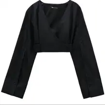 Zara Black Long Sleeve Wrap Design Poplin Cropped Wrap Blouse Top size S