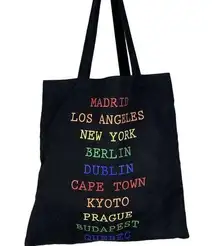 Forever 21 Rainbow Print Cities of the World Travel Graphic Print Black Canvas Tote Bag