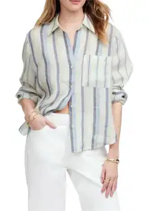 Madewell Linen Easy Y-Neck Button Up Shirt in Blue Mixed Stripe Women’s Small