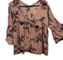 Oddy Dusty Rose Cropped Boho Hippie Cottagecore Floral Bell Sleeve Relaxed Top