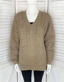 EXPRESS  Vintage Handknitted Oversized Chunky Sweater Tan Taupe Medium V Neck