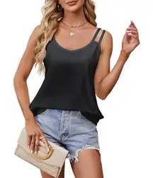 ZANZEA Tank Top for Women Strap Eyelet V Neck Casual Black Size Medium