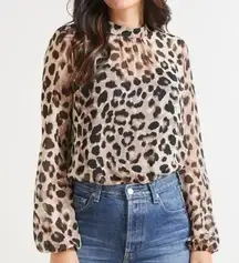 Allison Joy Nora Cheetah Print Long Sleeve Mock Neck Blouse Top Tan / Black XS