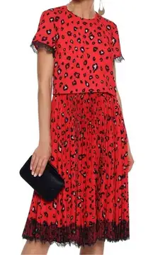MIKAEL AGHAL Red Leopard‎ Pleated Midi Dress Lace Trim Size 6