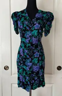 80s VINTAGE PURPLE & GREEN FLORAL BUTTON UP PUFF SLEEVE DRESS