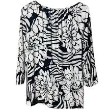 Rebecca Malone Women’s Black and White Shimmer Stretch 3/4 Sleeve Print Blouse