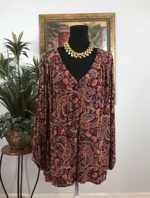 St John Bay Women Blouse 2X Long Sleeve V-Neck Pleated Paisley Boho Lagenlook