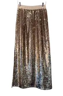 Calypso St Barth sample full gold sequin maxi skirt S double side slit elegant