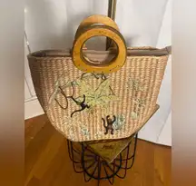 Cappelli Straworld Embroidered Straw Tote Monkey Palm Tropical Beach Bag