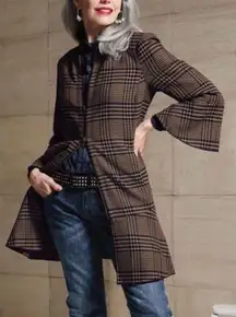 Cabi 3902 Flounce Hem Plaid Longline Full-Zip Jacket 2 Way Zipper Women’s Size S