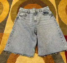 ZARA Acid Wash Mom Jean Denim Shorts High Waisted Frayed Size 2 USA