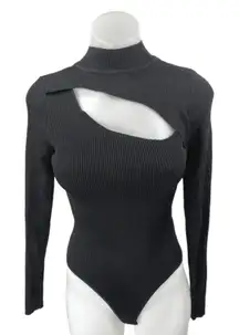 Princess Polly Black Long Sleeve Cutout Ribbed Knit Mock Neck Bodysuit Top S/M