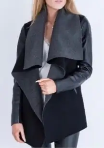 BCBGMAXAZRIA Double Faced Wool & Lamb Leather  Sleeves Open Front Black Coat XXS