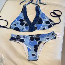 Women size Large Blue navy white hibiscus Floral triangle Bikini top set ruffles