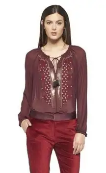 Burgundy Embroidered Peasant Blouse