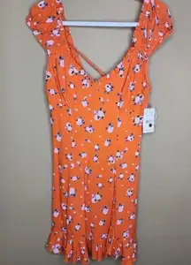 Free People  Like a Lady Orange Citrus Floral Mini Dress Lace Up Back S NWT