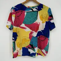 90s Colorful Boxy Blouse Clocks Travel Watercolor Women’s Medium Bobbie Brooks