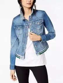 INC  Varsity-Stripe Denim Jacket, Created for Macy's Size XL Brand New Green