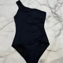 Michael Kors One Shoulder Swimsuit Size 8 Black Logo Ring Shirred *Damaged* New
