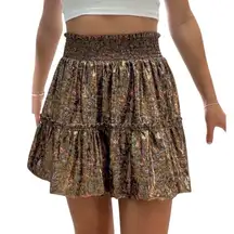 Free People Bubble In Mini Skirt. Tiered metallic Smocked Waist Floral Bronze‎ L