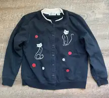 Shenanigans Women Blue Button Up Cat Yarn Embroidered Granny Sweater Cardigan  L