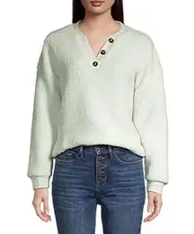 a.n.a. A New Approach Faux Sherpa Henley Pullover Sweatshirt Mint Green Small