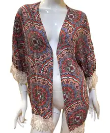 No Boundaries Blue Peach Orange Fringe Paisley Boho Elephant Floral Jacket