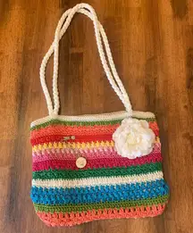 Lina Shoulder Bag Colorful Rainbow Stripe Crochet with Floral Pin Zipper Pull