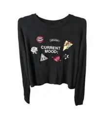 Bershka Black Graphic Floral Long Sleeve Top Lipstick & Heart Print Sz M READ