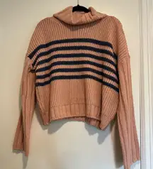 NWT SO Sz:L Pink Navy Stripes Turtleneck Oversized Cropped Pullover Sweater.
