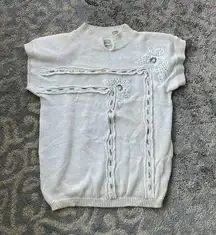 Shenanigans Vintage Knit Short Sleeve Mock Neck Sweater Floral Cream Small