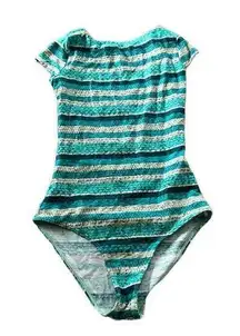 Cia Maritima Womens Green Striped Cap Sleeve One Piece Swimsuit Size Small