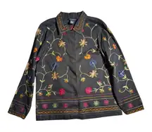 Vtg 1990s Denim & Co Black Colorful Floral Embroidered Cotton Button Up Jacket M