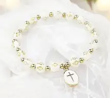 White Stylish Elastic Beaded Cross Charm Bracelet Enamel‎ Oval Cross Bead Accent