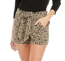 0878 JOLT Tan Black Leopard Cheetah Linen Blend Paperbag Shorts Size Large