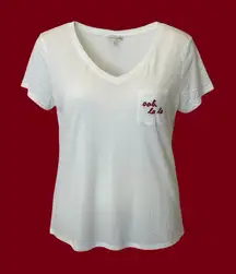 Maison Jules Ooh La La Pocket Tee XL White V-Neck Slub Knit Embroidered Top