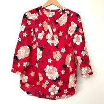 KATHERINE BARCLAY Red Coral White Floral V-Neck 3/4 Sleeve Work Blouse Medium