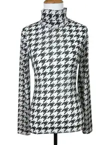 White House Black Market Top‎ Womens XXS Houndstooth Turtleneck Mesh Long Sleeve