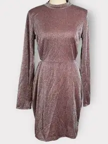 Lush Bodycon Dress Women's Large Mauve Sparkle Back Cutout Mock Neck Long Sleeve