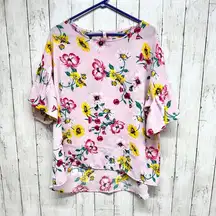 Red Lolly Shirt Women M Short Sleeve High Low Floral Pink Round Neck Polyester