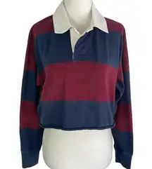 New  Throwback Rugby Stripe Cropped Polo Shirt Maroon Navy Size XS