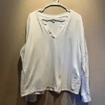 Tribal Women’s All White Patchwork Bohemian Eyelet V Neck Top Size XL