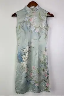 Chinese Stretch Satin Mandarin Floral Gown Light Green Size M